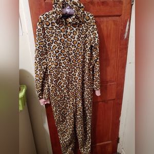 Animal print hooded one piece pajama jumpsuit